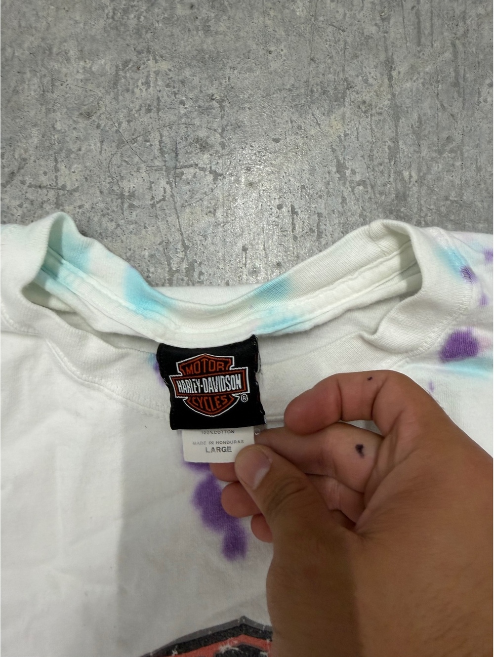 Vintage Harley Davidson T Shirt Mens Large Tie Dye White Purple Blue Bar Shield - Picture 3 of 4